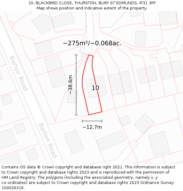 10, BLACKBIRD CLOSE, THURSTON, BURY ST EDMUNDS, IP31 3PF: Plot and title map