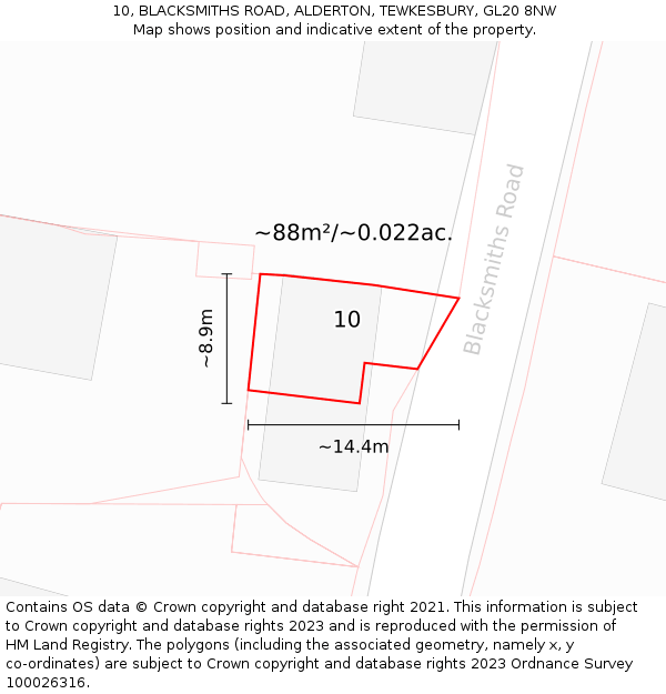 10, BLACKSMITHS ROAD, ALDERTON, TEWKESBURY, GL20 8NW: Plot and title map