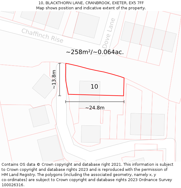 10, BLACKTHORN LANE, CRANBROOK, EXETER, EX5 7FF: Plot and title map