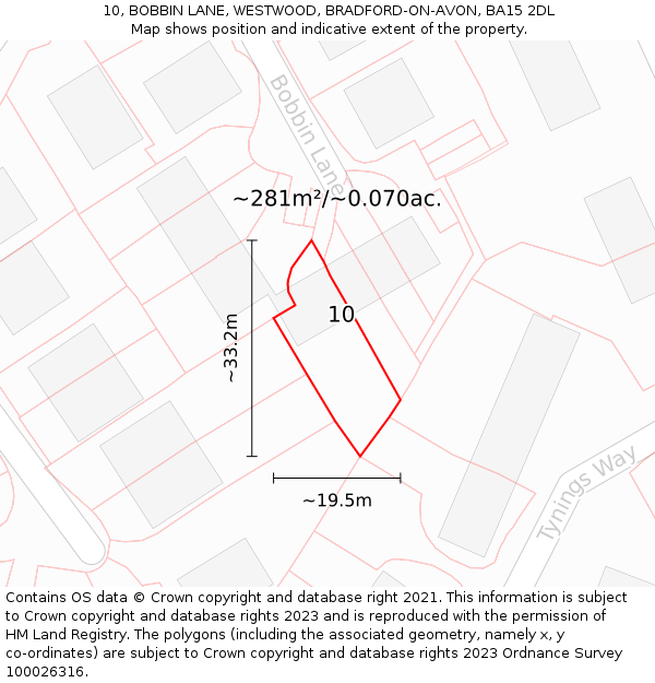 10, BOBBIN LANE, WESTWOOD, BRADFORD-ON-AVON, BA15 2DL: Plot and title map