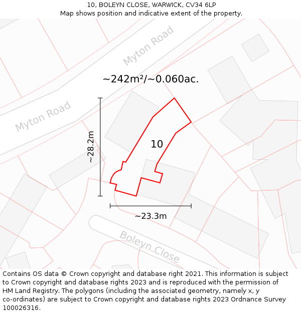 10, BOLEYN CLOSE, WARWICK, CV34 6LP: Plot and title map
