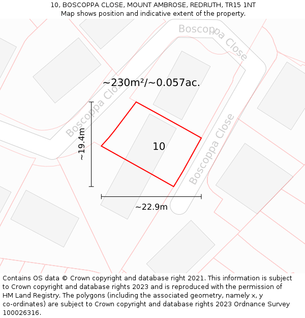 10, BOSCOPPA CLOSE, MOUNT AMBROSE, REDRUTH, TR15 1NT: Plot and title map