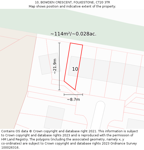10, BOWDEN CRESCENT, FOLKESTONE, CT20 3TR: Plot and title map