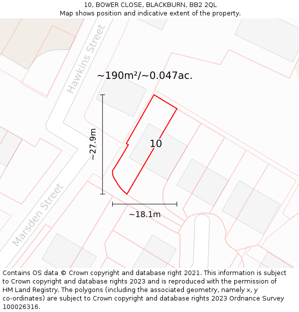 10, BOWER CLOSE, BLACKBURN, BB2 2QL: Plot and title map