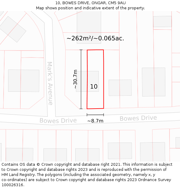 10, BOWES DRIVE, ONGAR, CM5 9AU: Plot and title map
