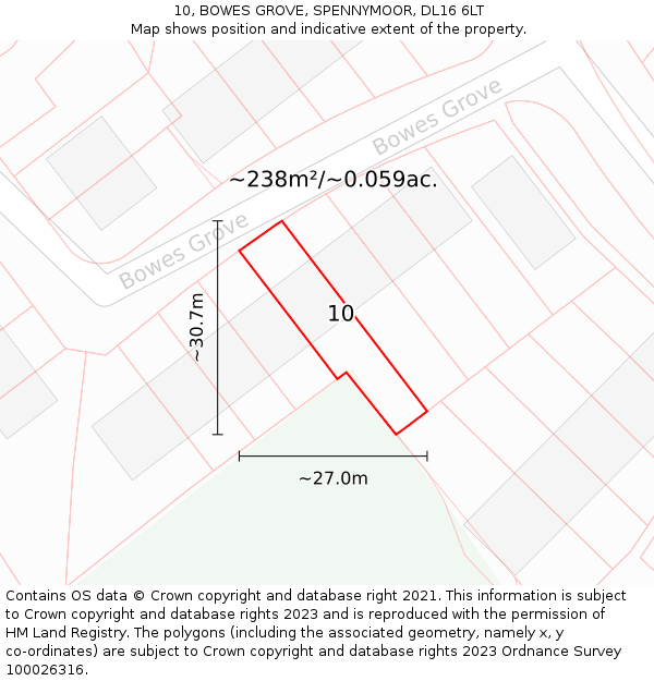 10, BOWES GROVE, SPENNYMOOR, DL16 6LT: Plot and title map