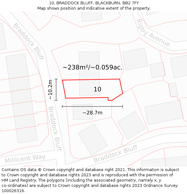 10, BRADDOCK BLUFF, BLACKBURN, BB2 7FY: Plot and title map