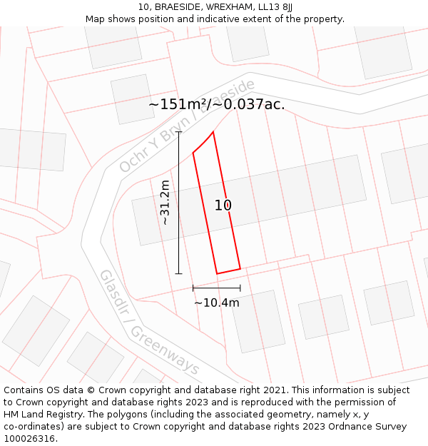 10, BRAESIDE, WREXHAM, LL13 8JJ: Plot and title map