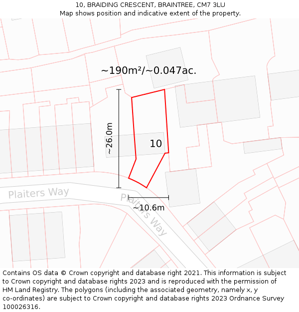 10, BRAIDING CRESCENT, BRAINTREE, CM7 3LU: Plot and title map