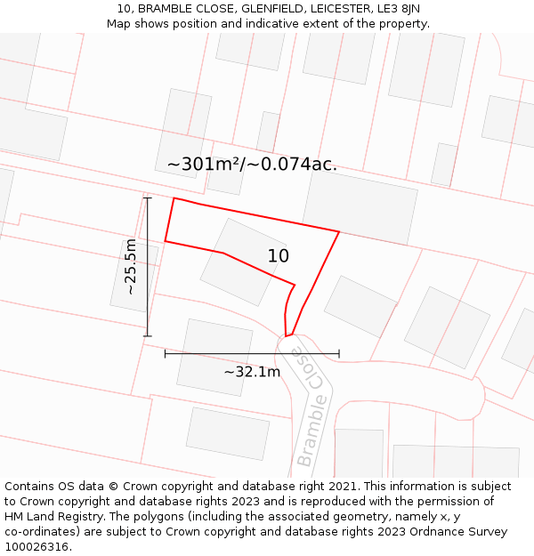 10, BRAMBLE CLOSE, GLENFIELD, LEICESTER, LE3 8JN: Plot and title map