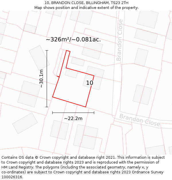 10, BRANDON CLOSE, BILLINGHAM, TS23 2TH: Plot and title map