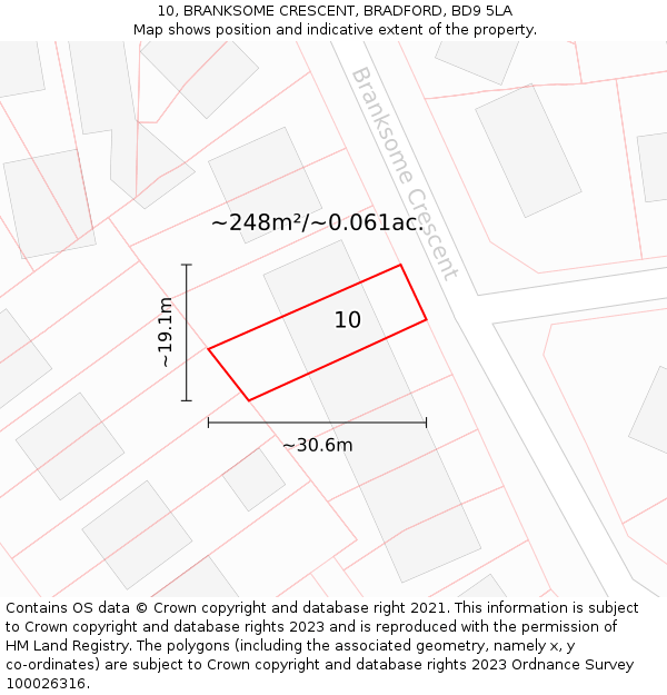 10, BRANKSOME CRESCENT, BRADFORD, BD9 5LA: Plot and title map