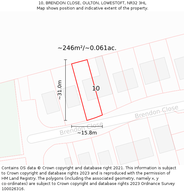 10, BRENDON CLOSE, OULTON, LOWESTOFT, NR32 3HL: Plot and title map