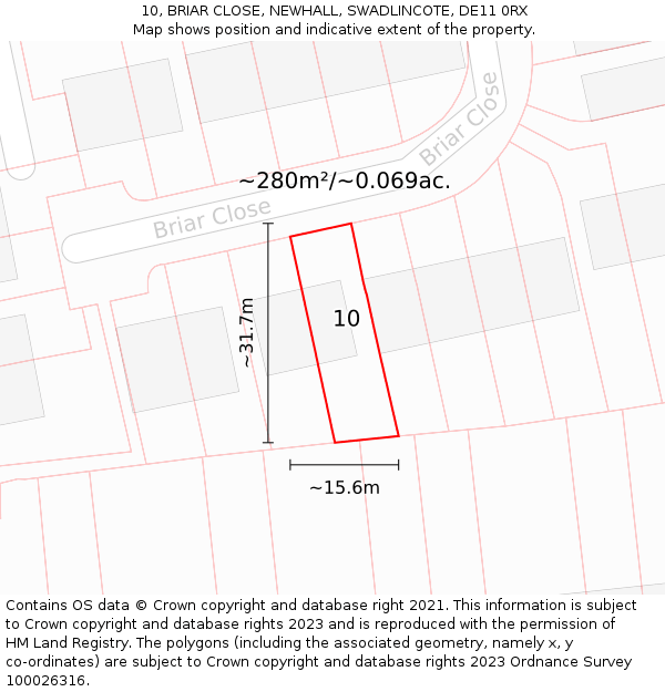 10, BRIAR CLOSE, NEWHALL, SWADLINCOTE, DE11 0RX: Plot and title map