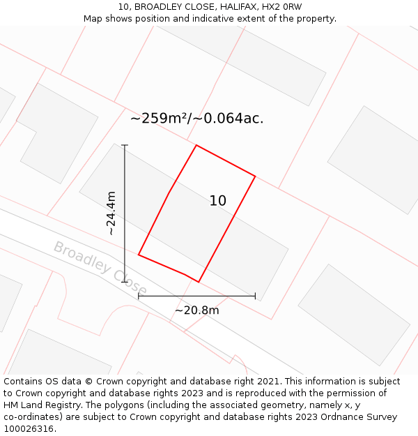 10, BROADLEY CLOSE, HALIFAX, HX2 0RW: Plot and title map