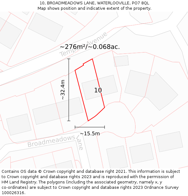 10, BROADMEADOWS LANE, WATERLOOVILLE, PO7 8QL: Plot and title map