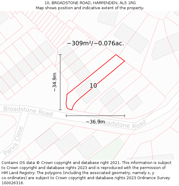 10, BROADSTONE ROAD, HARPENDEN, AL5 1RG: Plot and title map
