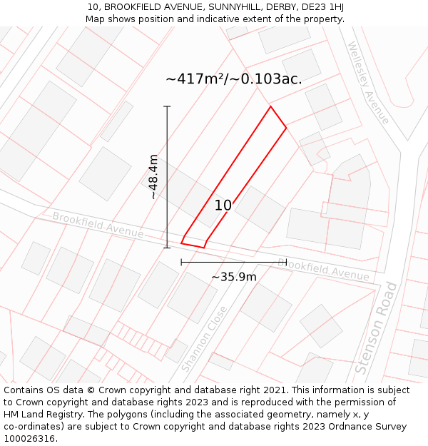 10, BROOKFIELD AVENUE, SUNNYHILL, DERBY, DE23 1HJ: Plot and title map