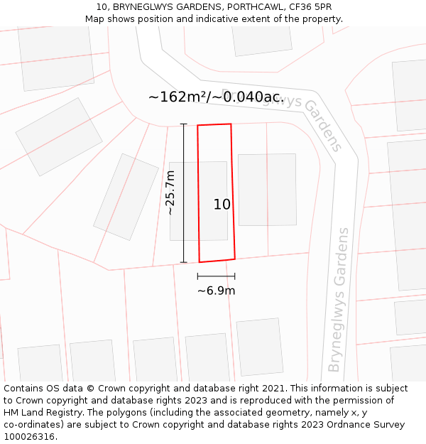 10, BRYNEGLWYS GARDENS, PORTHCAWL, CF36 5PR: Plot and title map