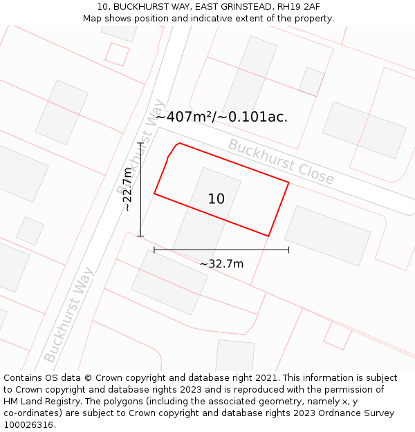 10, BUCKHURST WAY, EAST GRINSTEAD, RH19 2AF: Plot and title map