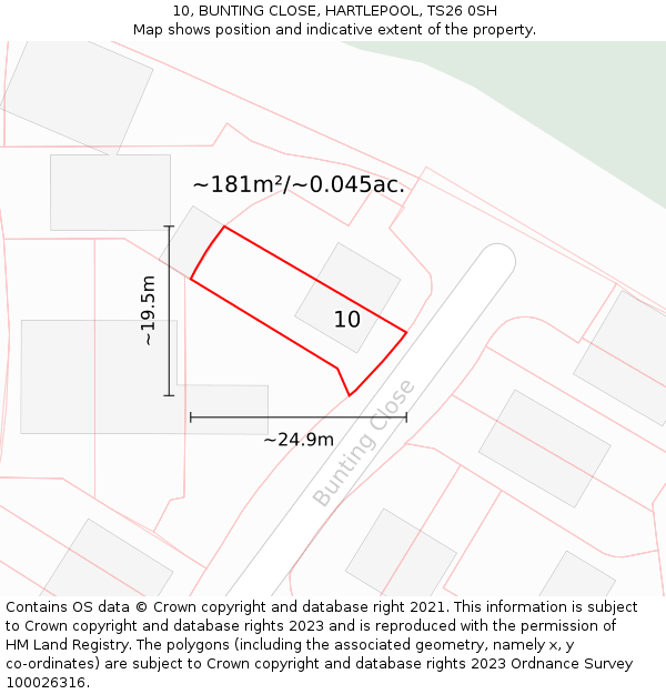 10, BUNTING CLOSE, HARTLEPOOL, TS26 0SH: Plot and title map