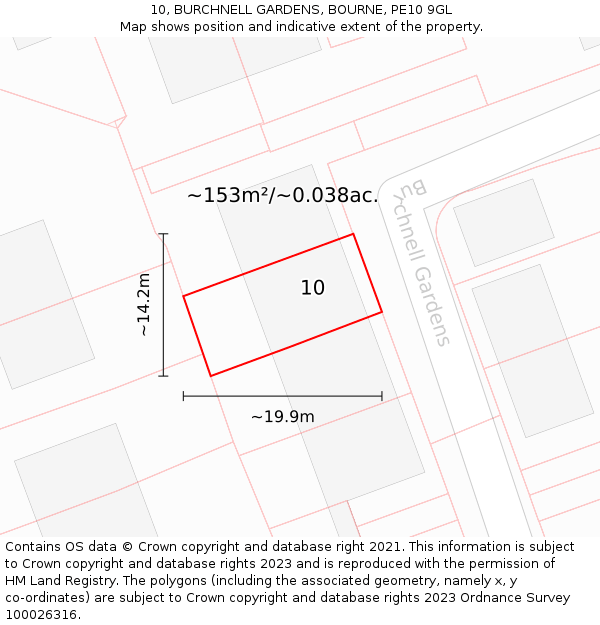 10, BURCHNELL GARDENS, BOURNE, PE10 9GL: Plot and title map