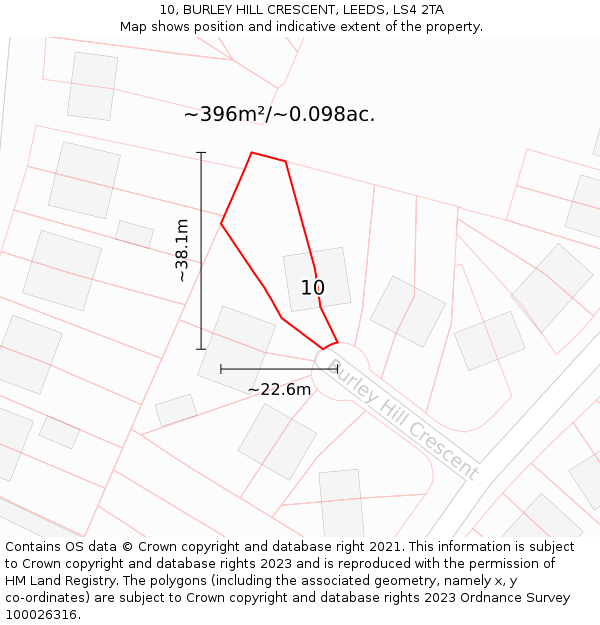 10, BURLEY HILL CRESCENT, LEEDS, LS4 2TA: Plot and title map