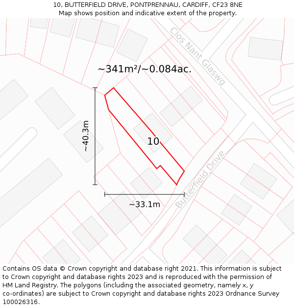 10, BUTTERFIELD DRIVE, PONTPRENNAU, CARDIFF, CF23 8NE: Plot and title map