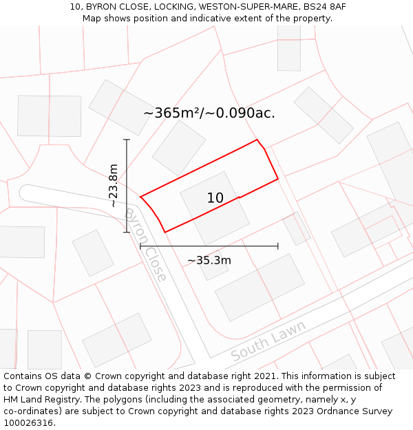 10, BYRON CLOSE, LOCKING, WESTON-SUPER-MARE, BS24 8AF: Plot and title map