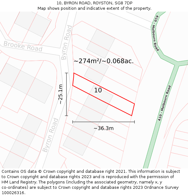 10, BYRON ROAD, ROYSTON, SG8 7DP: Plot and title map