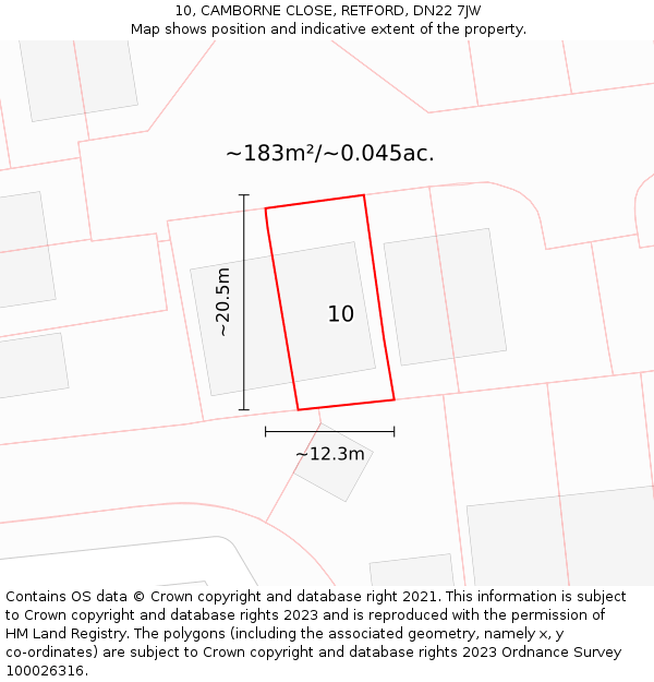10, CAMBORNE CLOSE, RETFORD, DN22 7JW: Plot and title map