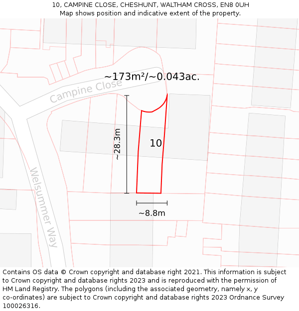10, CAMPINE CLOSE, CHESHUNT, WALTHAM CROSS, EN8 0UH: Plot and title map