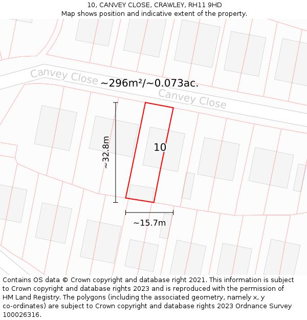 10, CANVEY CLOSE, CRAWLEY, RH11 9HD: Plot and title map