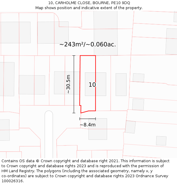 10, CARHOLME CLOSE, BOURNE, PE10 9DQ: Plot and title map