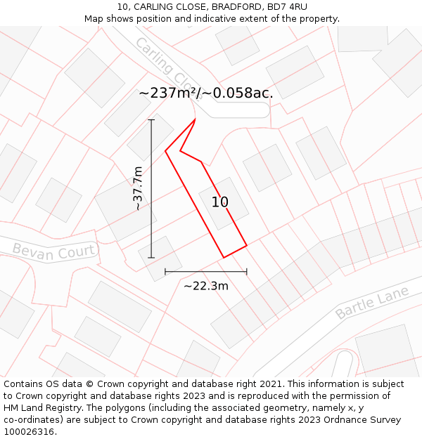 10, CARLING CLOSE, BRADFORD, BD7 4RU: Plot and title map