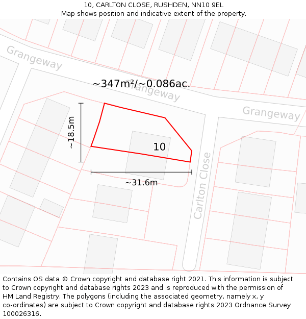 10, CARLTON CLOSE, RUSHDEN, NN10 9EL: Plot and title map