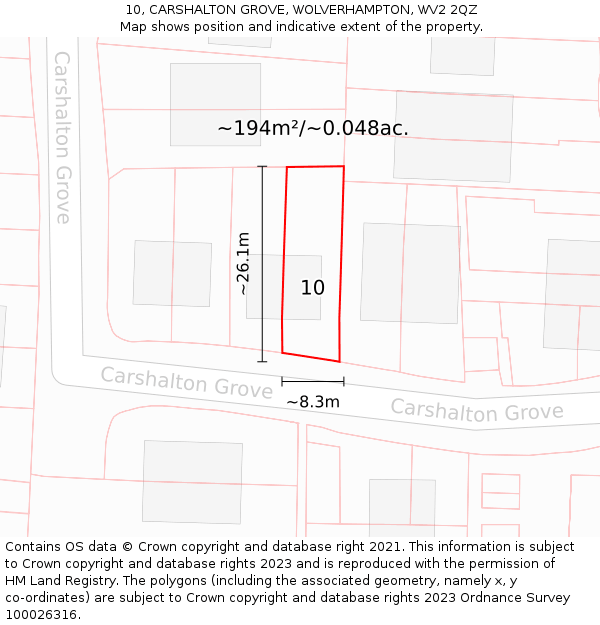10, CARSHALTON GROVE, WOLVERHAMPTON, WV2 2QZ: Plot and title map
