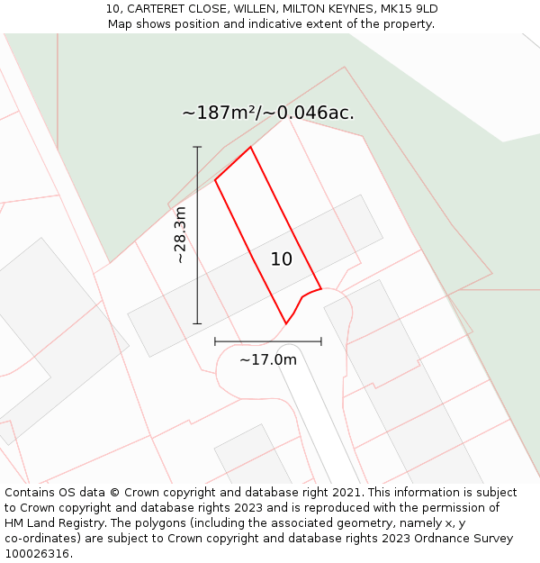 10, CARTERET CLOSE, WILLEN, MILTON KEYNES, MK15 9LD: Plot and title map