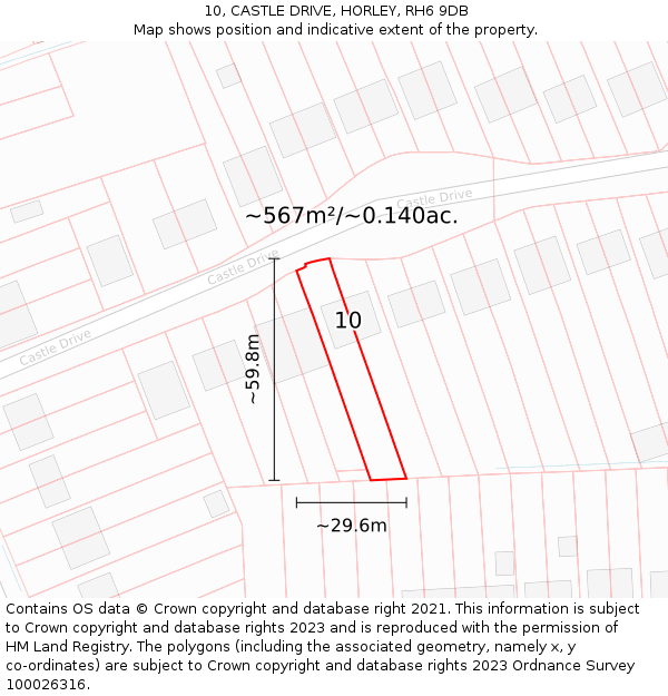10, CASTLE DRIVE, HORLEY, RH6 9DB: Plot and title map
