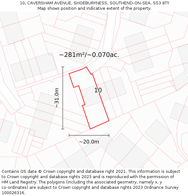 10, CAVERSHAM AVENUE, SHOEBURYNESS, SOUTHEND-ON-SEA, SS3 8TY: Plot and title map