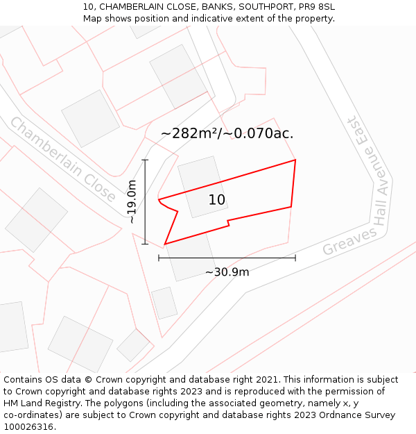 10, CHAMBERLAIN CLOSE, BANKS, SOUTHPORT, PR9 8SL: Plot and title map
