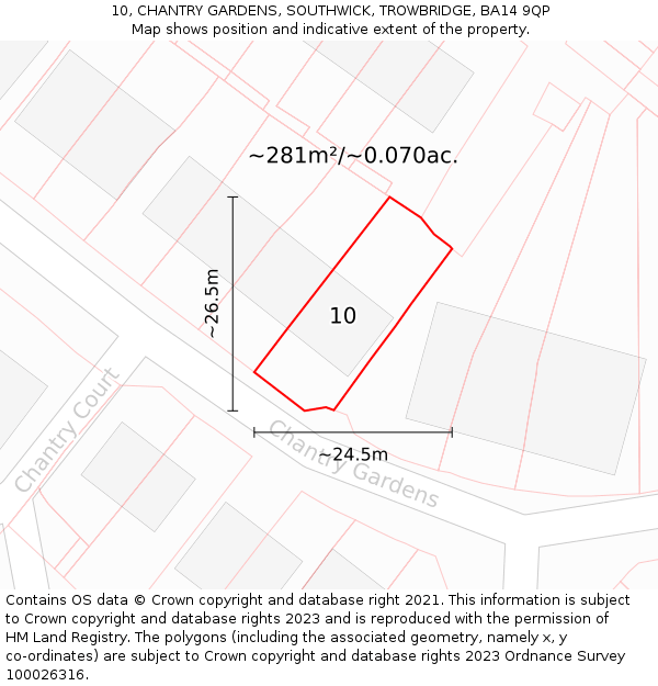 10, CHANTRY GARDENS, SOUTHWICK, TROWBRIDGE, BA14 9QP: Plot and title map