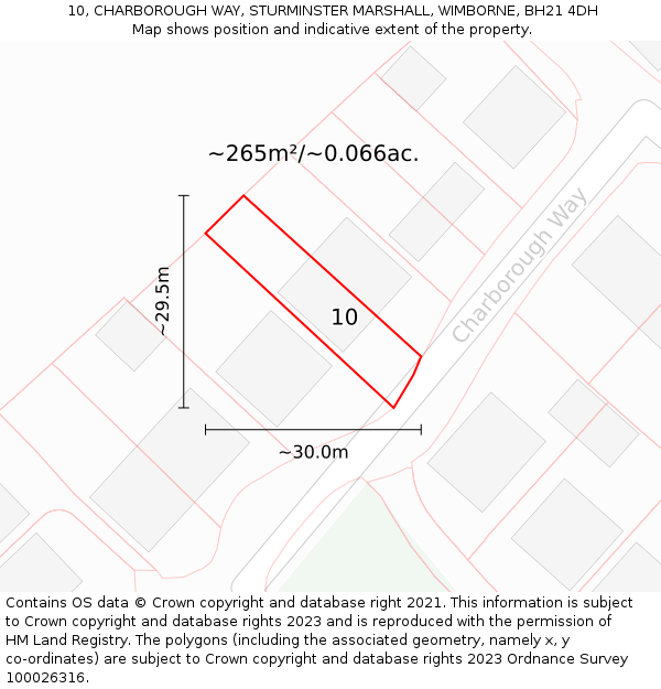 10, CHARBOROUGH WAY, STURMINSTER MARSHALL, WIMBORNE, BH21 4DH: Plot and title map
