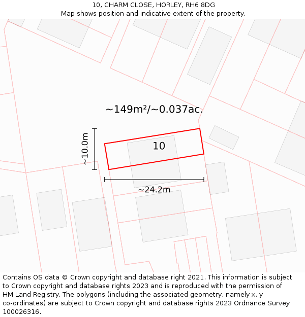 10, CHARM CLOSE, HORLEY, RH6 8DG: Plot and title map