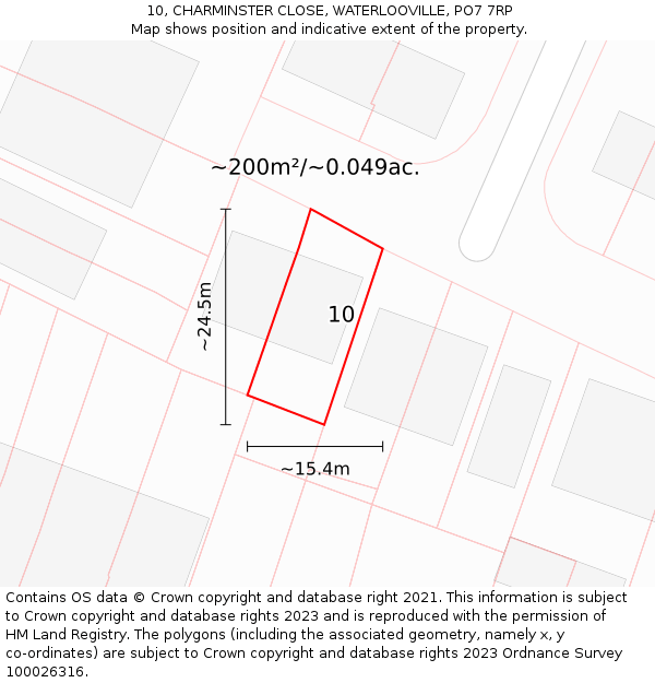 10, CHARMINSTER CLOSE, WATERLOOVILLE, PO7 7RP: Plot and title map