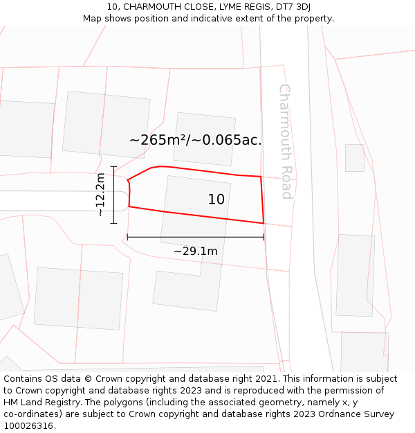 10, CHARMOUTH CLOSE, LYME REGIS, DT7 3DJ: Plot and title map