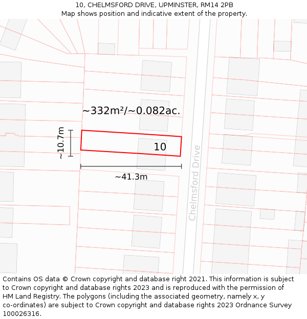 10, CHELMSFORD DRIVE, UPMINSTER, RM14 2PB: Plot and title map