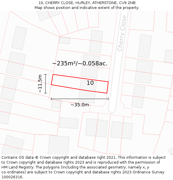 10, CHERRY CLOSE, HURLEY, ATHERSTONE, CV9 2NB: Plot and title map