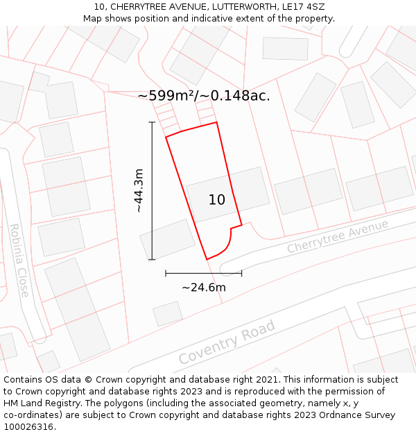 10, CHERRYTREE AVENUE, LUTTERWORTH, LE17 4SZ: Plot and title map