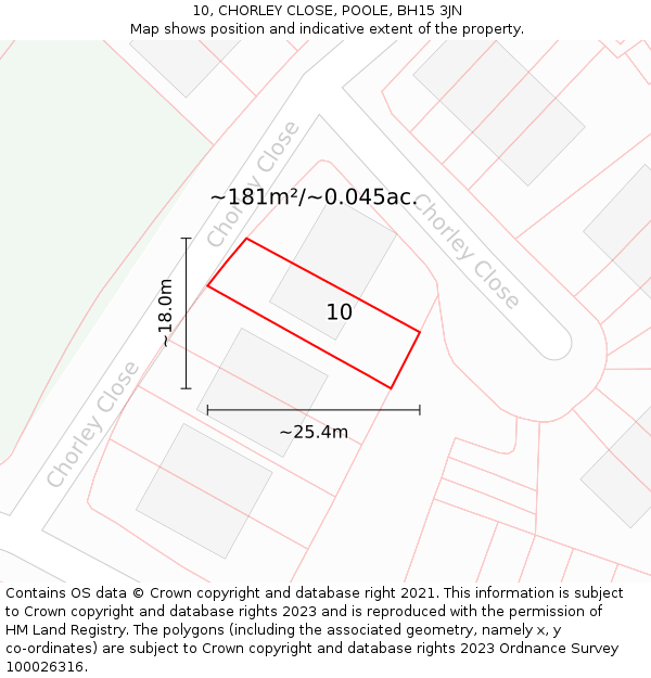 10, CHORLEY CLOSE, POOLE, BH15 3JN: Plot and title map